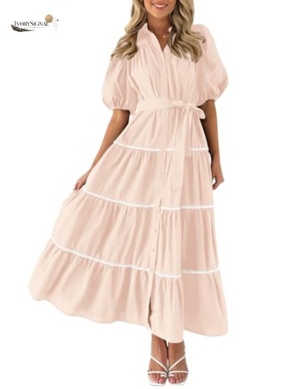 Summer Tiered Maxi Shirt Dress Button Down V Neck Collared Pockets
